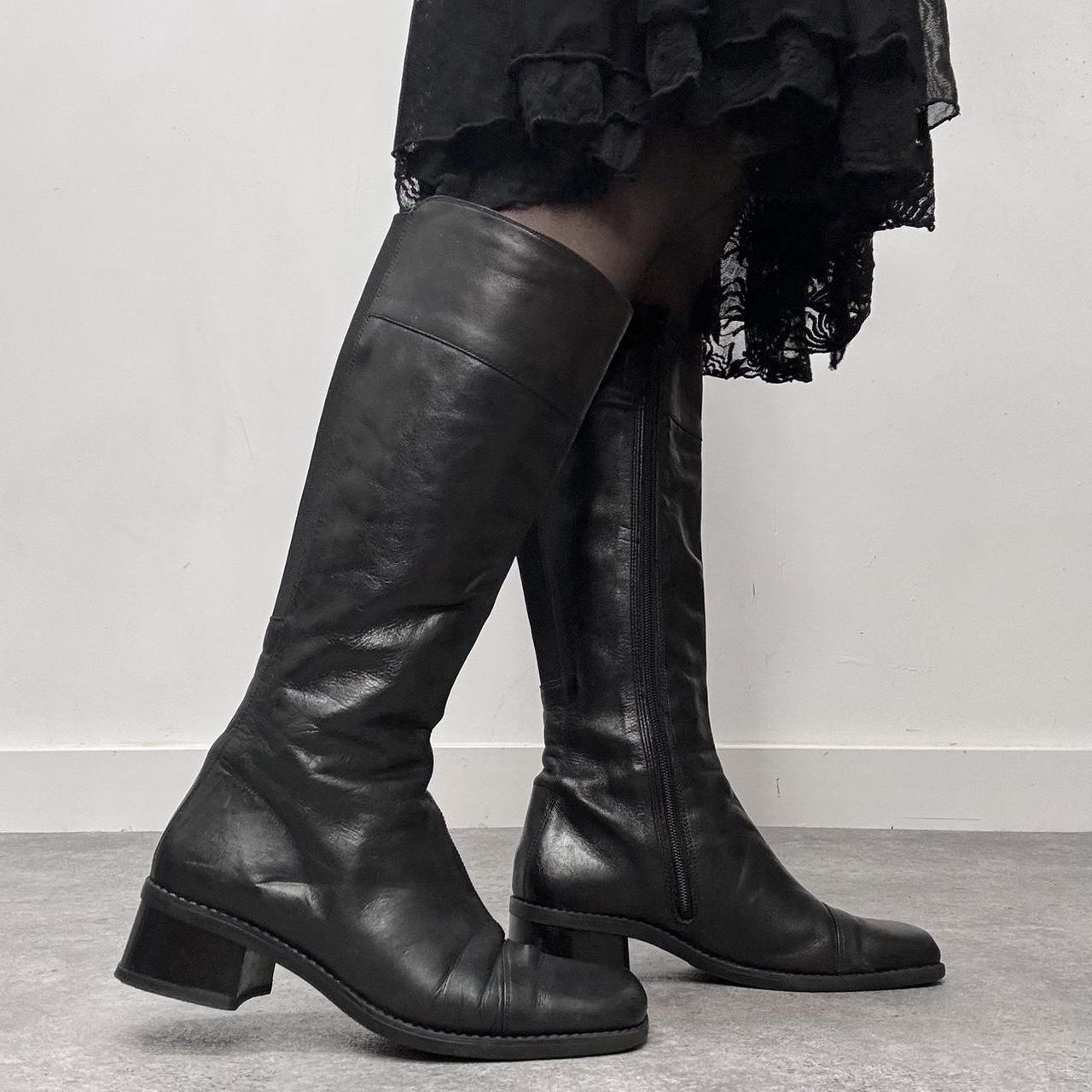 Black leather square toe boots