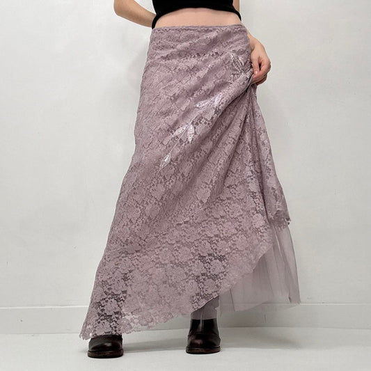 Lilac lace sheer asymmetric maxi skirt