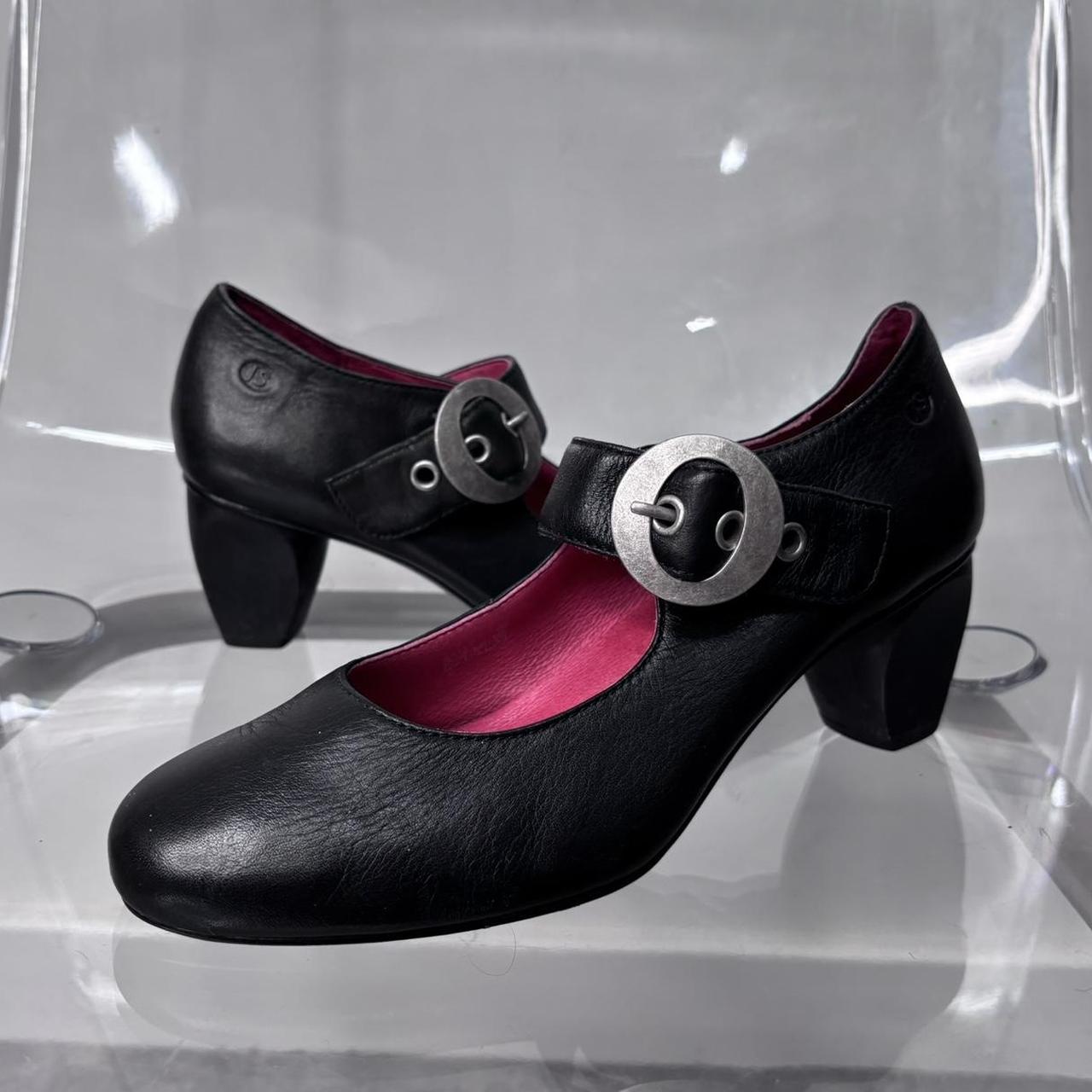 Black leather buckle heel mary janes