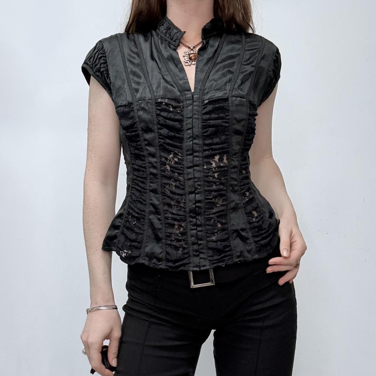 Black silk lace gathered corset shirt