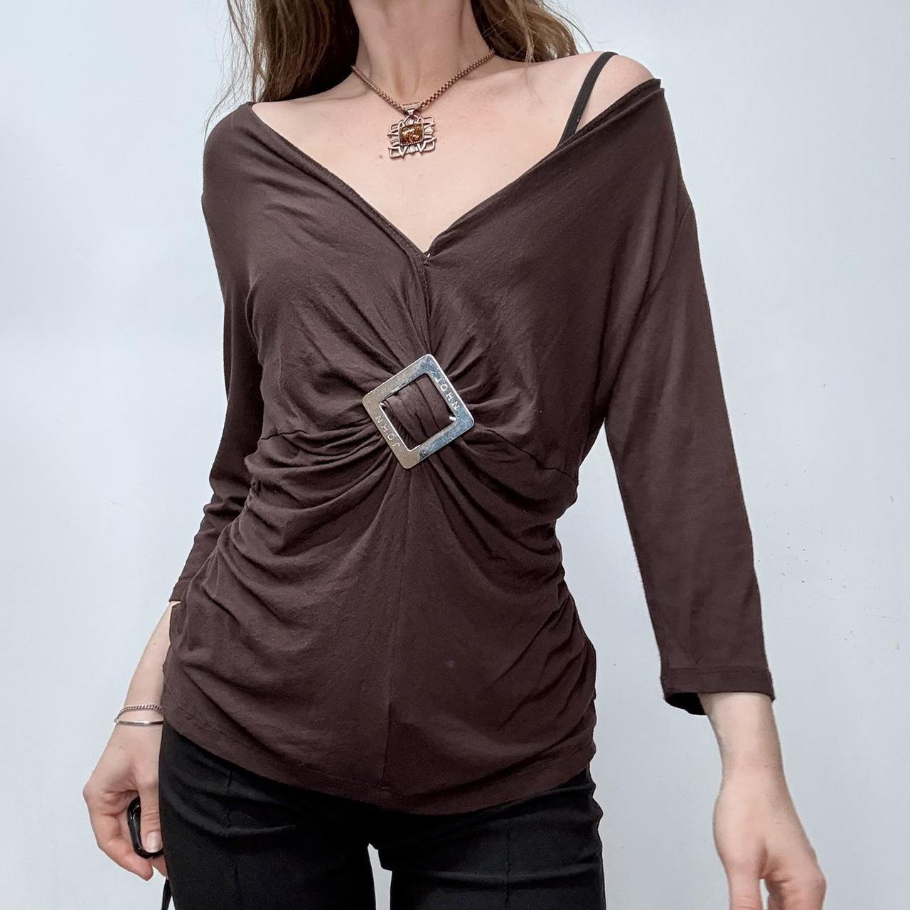 Brown draped slouchy off the shoulder top