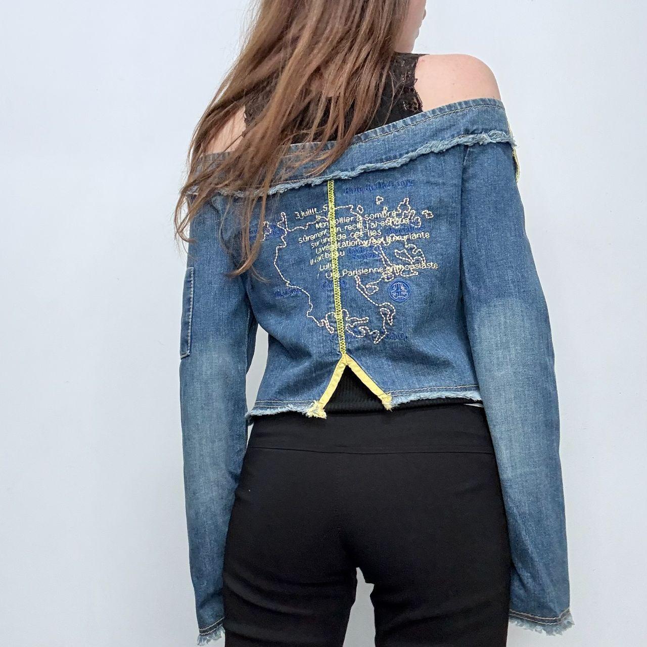 Distressed denim off the shoulder utility jacket