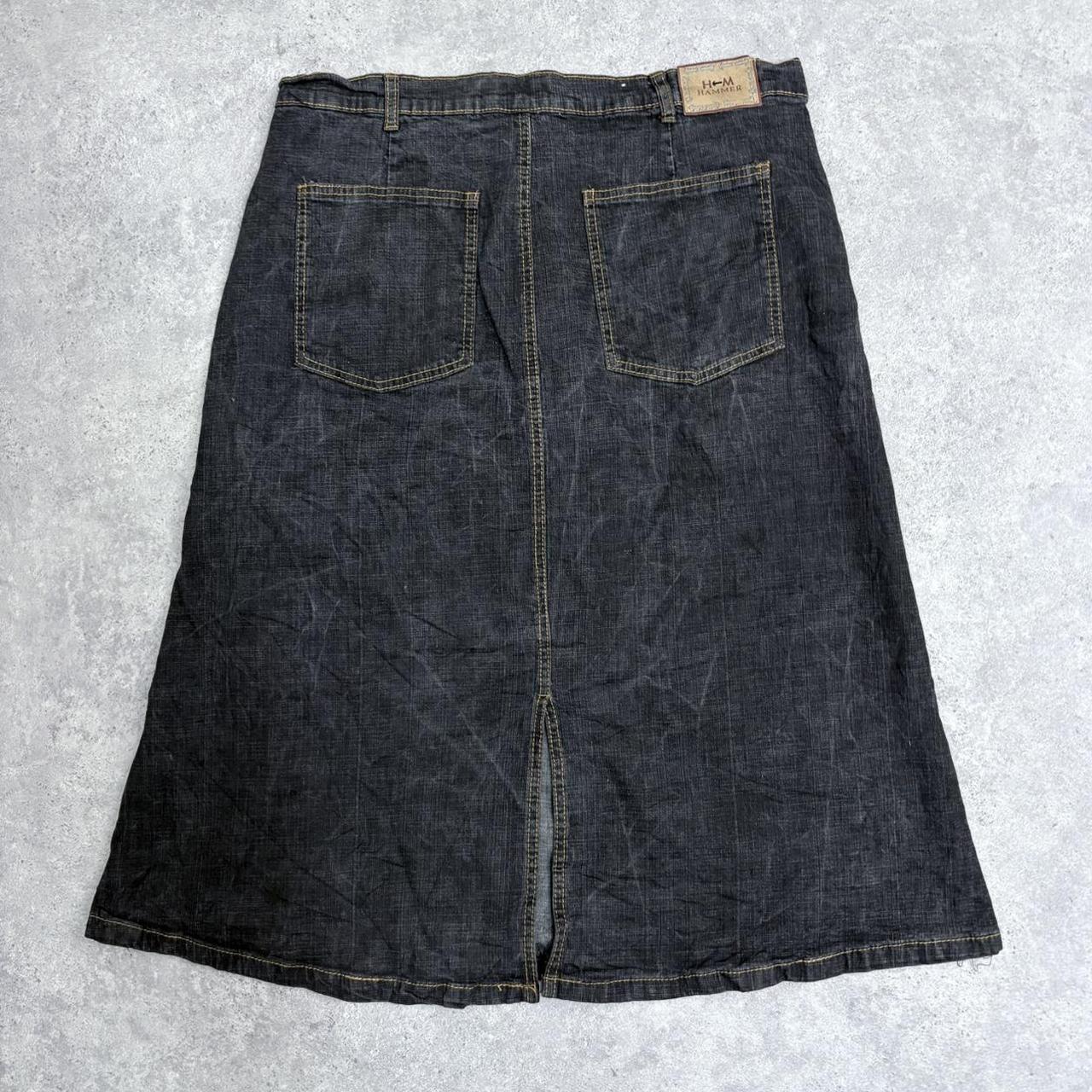 Distressed denim grunge midi skirt