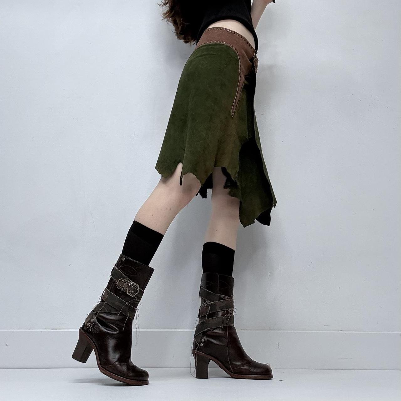 Khaki green studded boho leather skirt belt