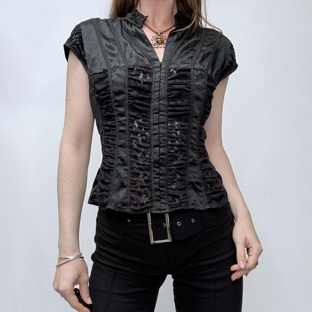 Black silk lace gathered corset shirt