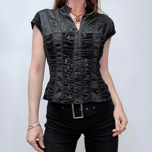 Black silk lace gathered corset shirt
