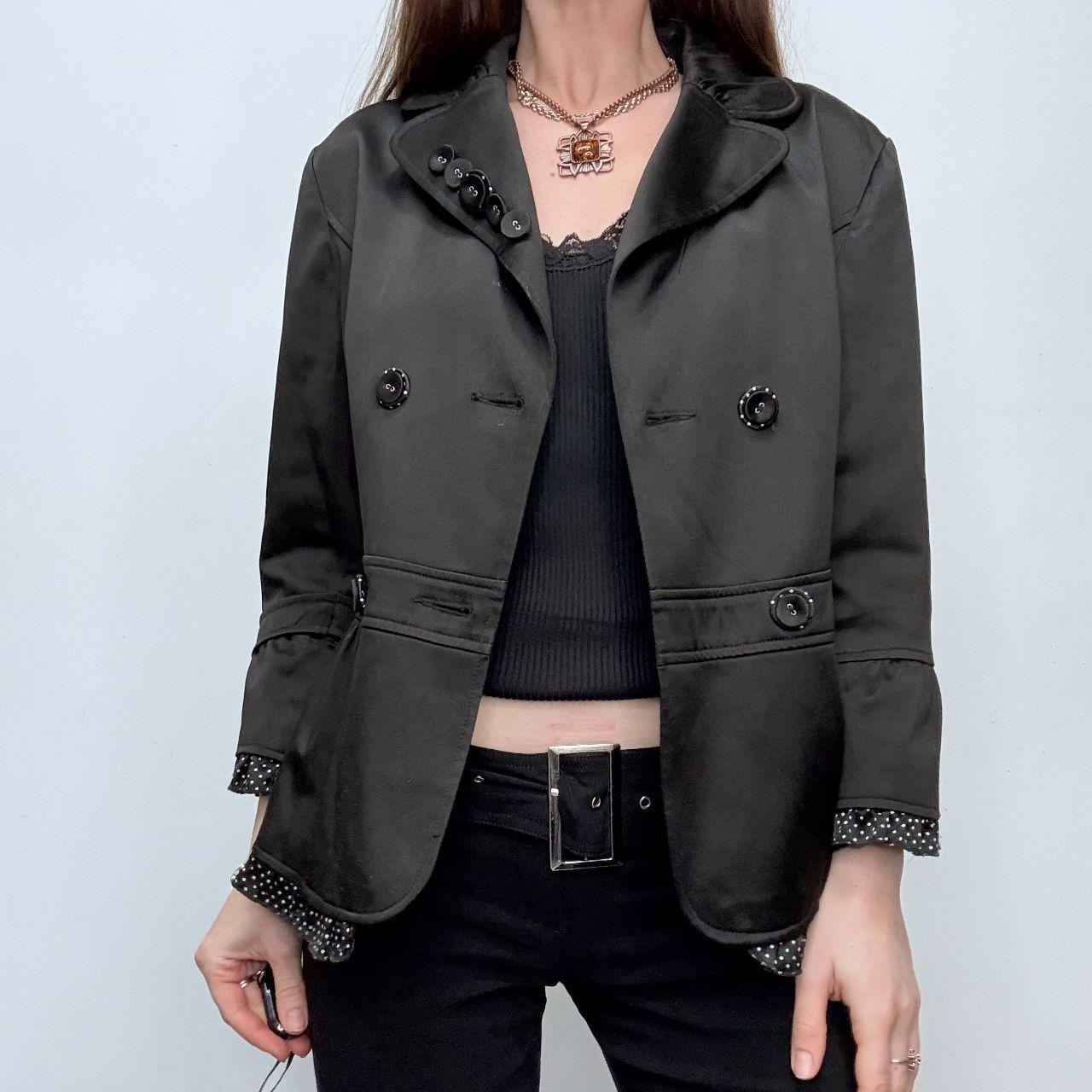 Black satin polka dot flared pea coat