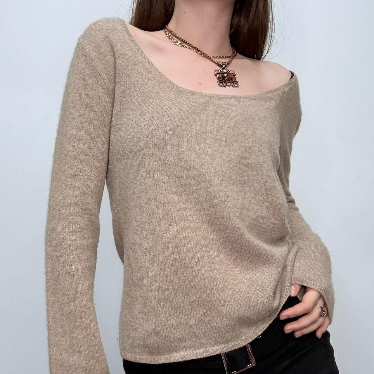 Tan cashmere wide neck jumper
