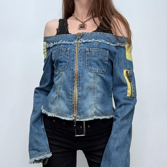 Distressed denim off the shoulder utility jacket