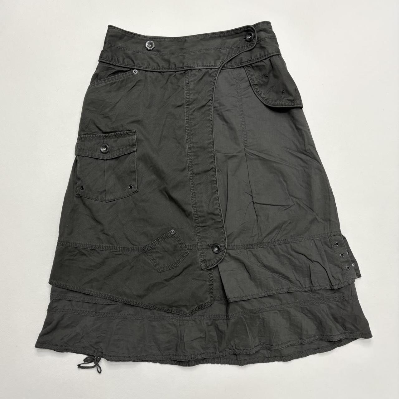 Khaki layered utility button midi skirt