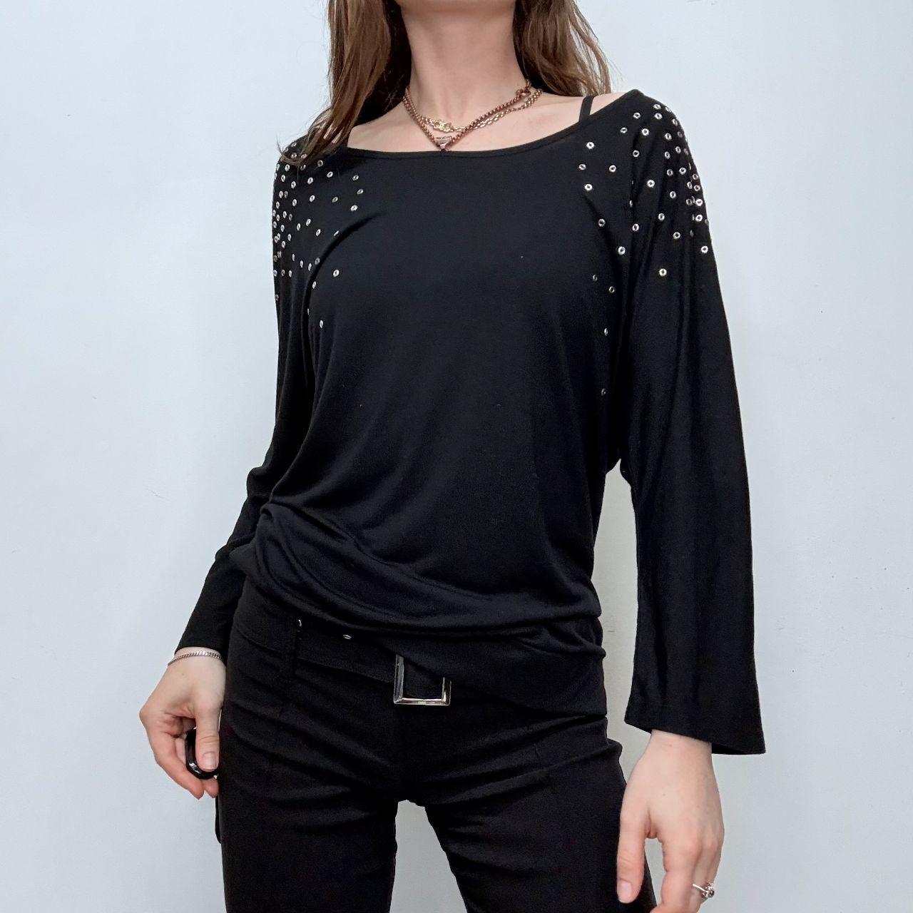 Black slouchy studded eyelet top