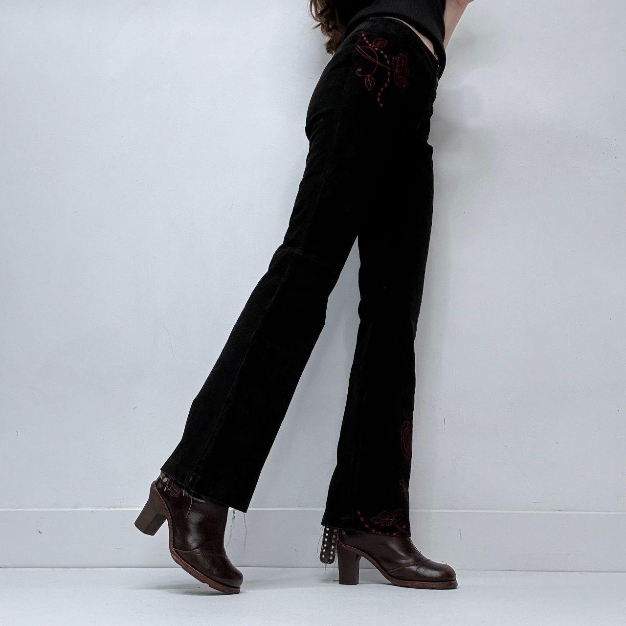 Black suede embroidered trousers