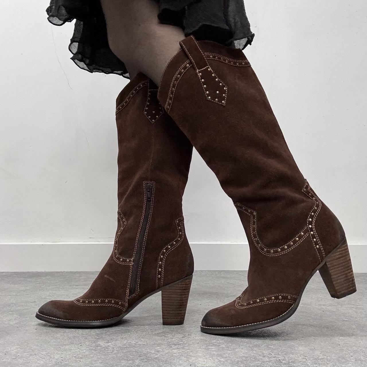 Brown leather studded bowboy boots
