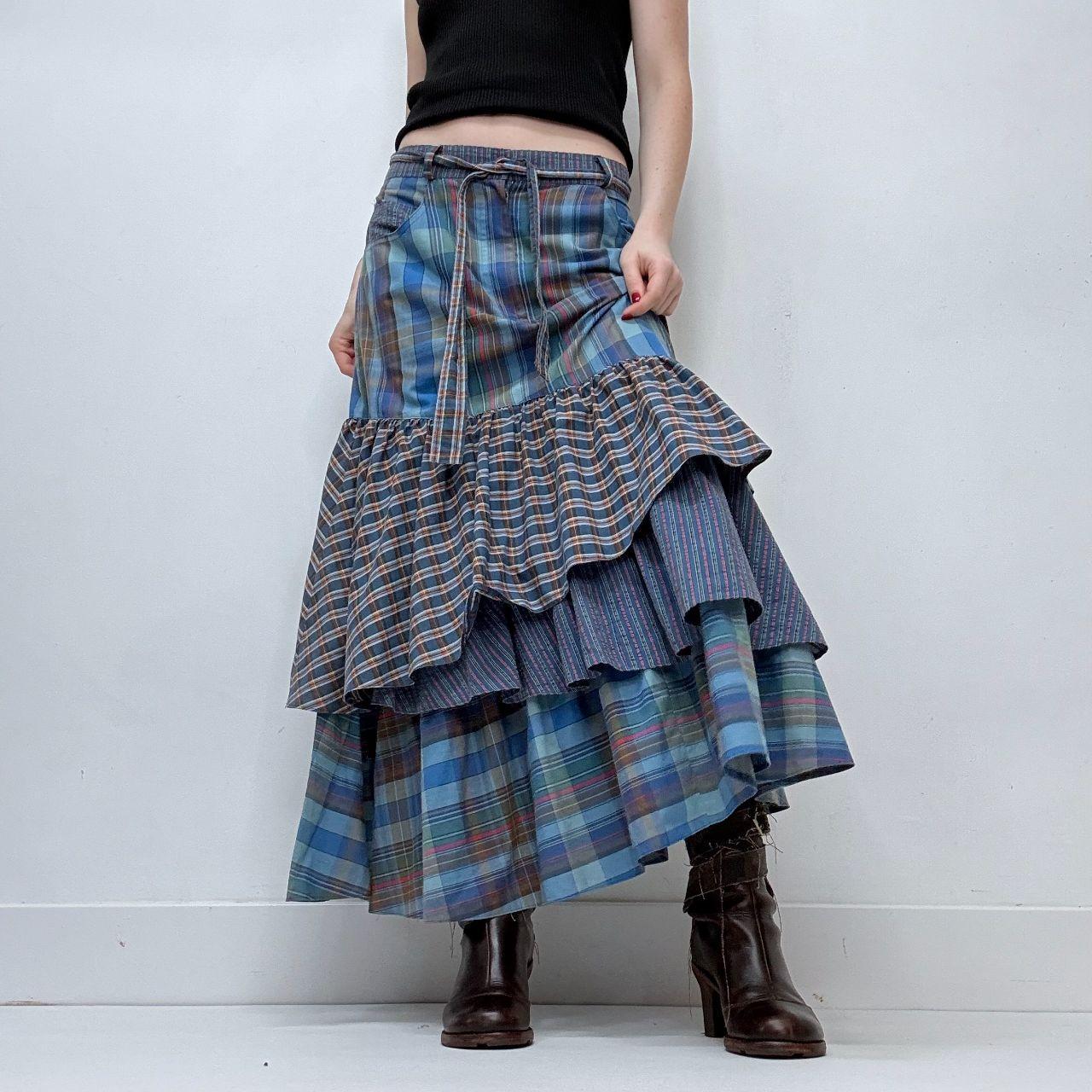 Tartan ruffle layered maxi skirt