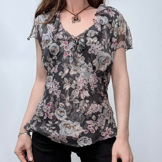 Sheer floral flutter silk bias cut top