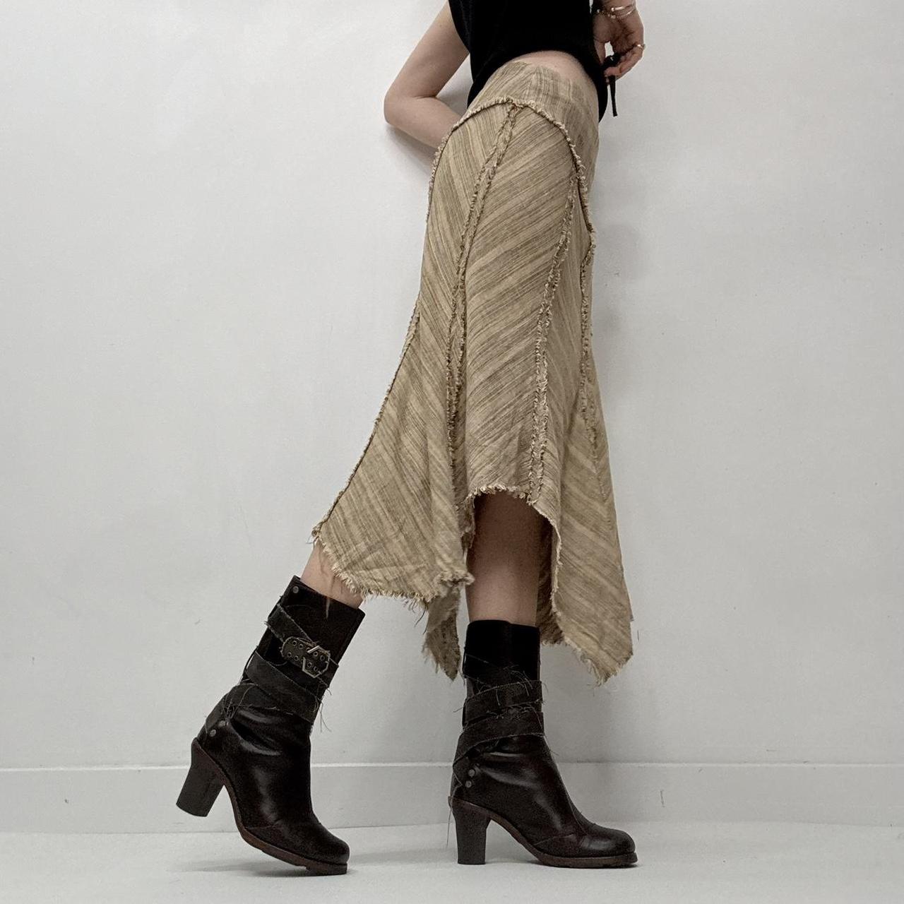 Distressed tan pinstriped midi skirt