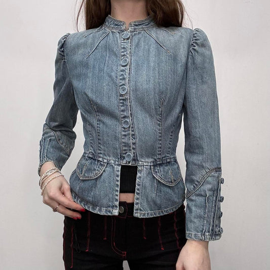Distressed fitted denim jacket