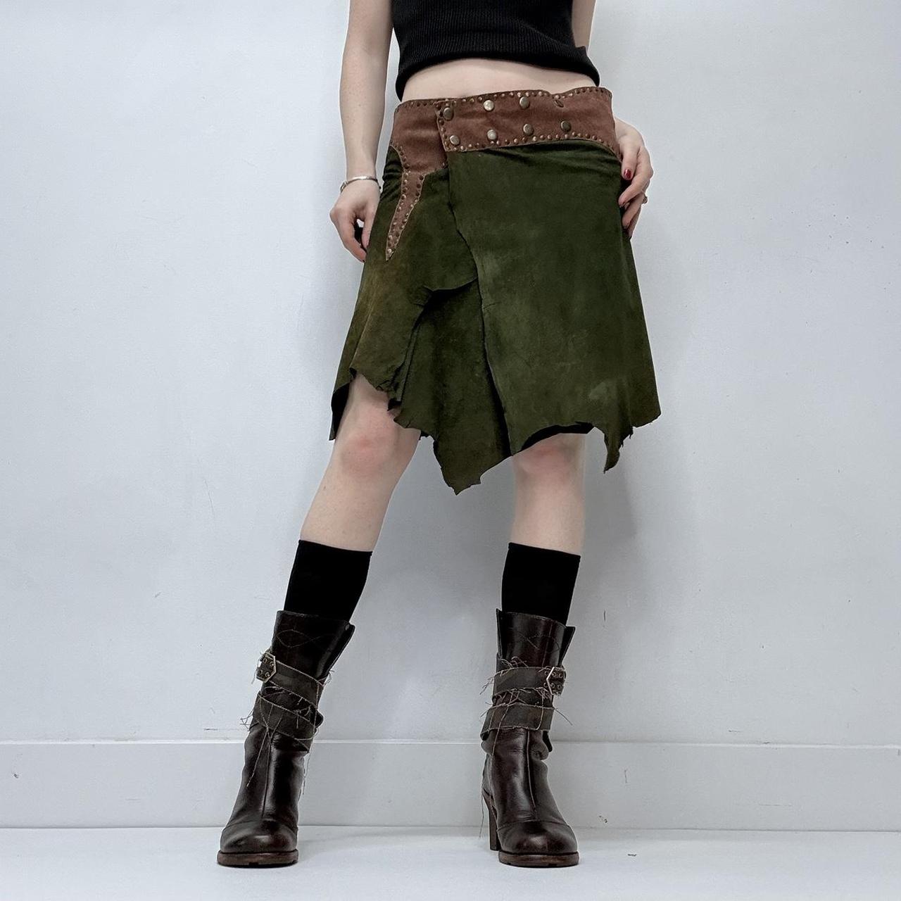 Khaki green studded boho leather skirt belt