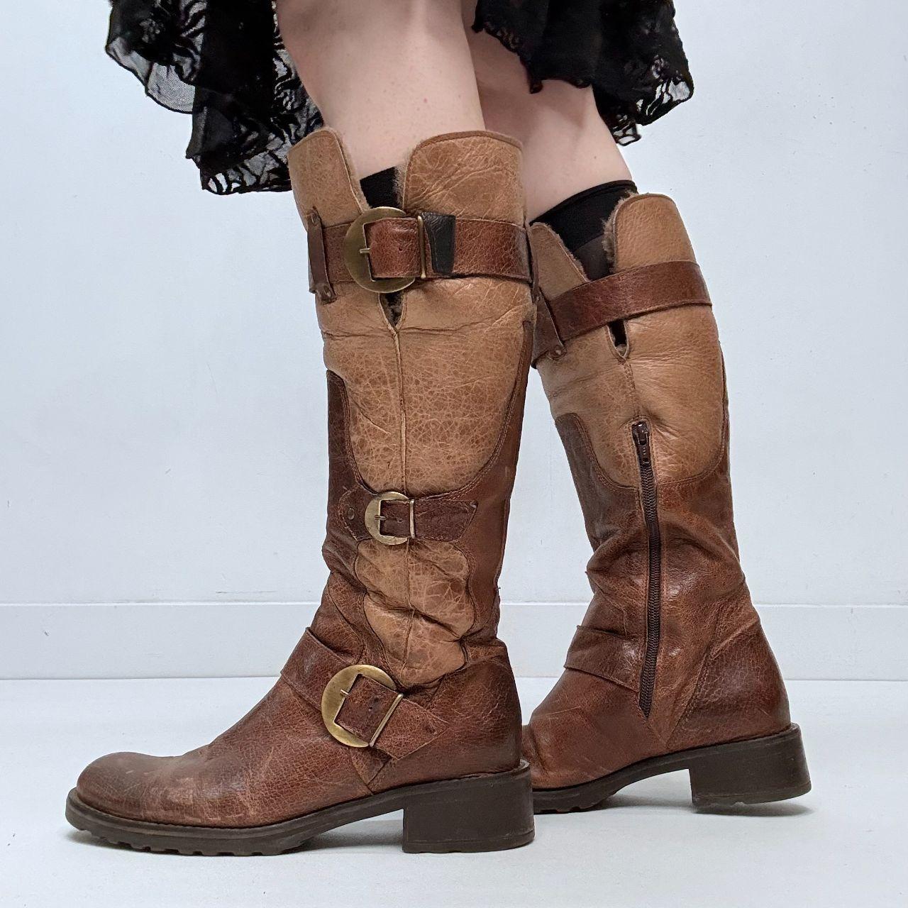 Brown leather biker boots