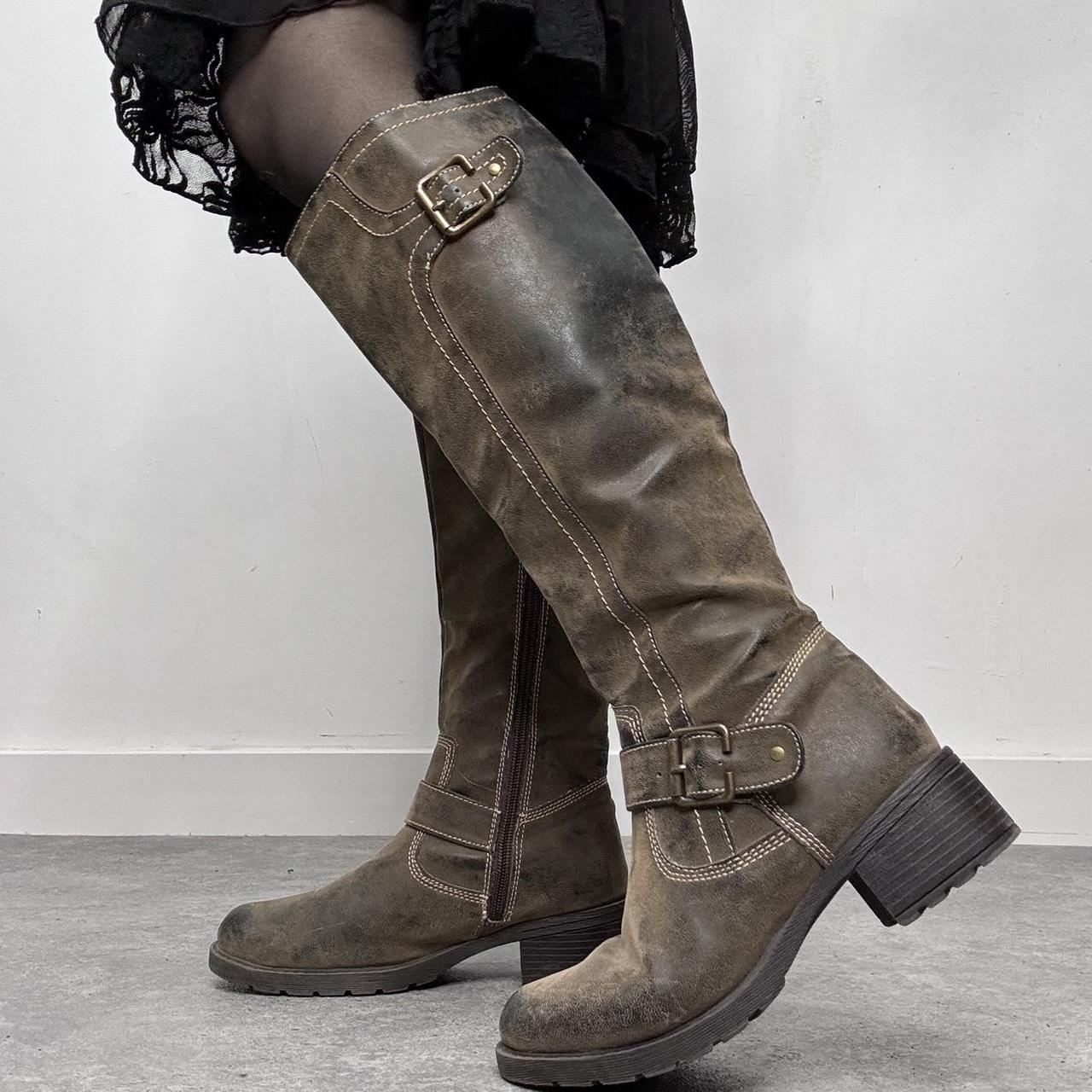 Distressed khaki leather knee high boots