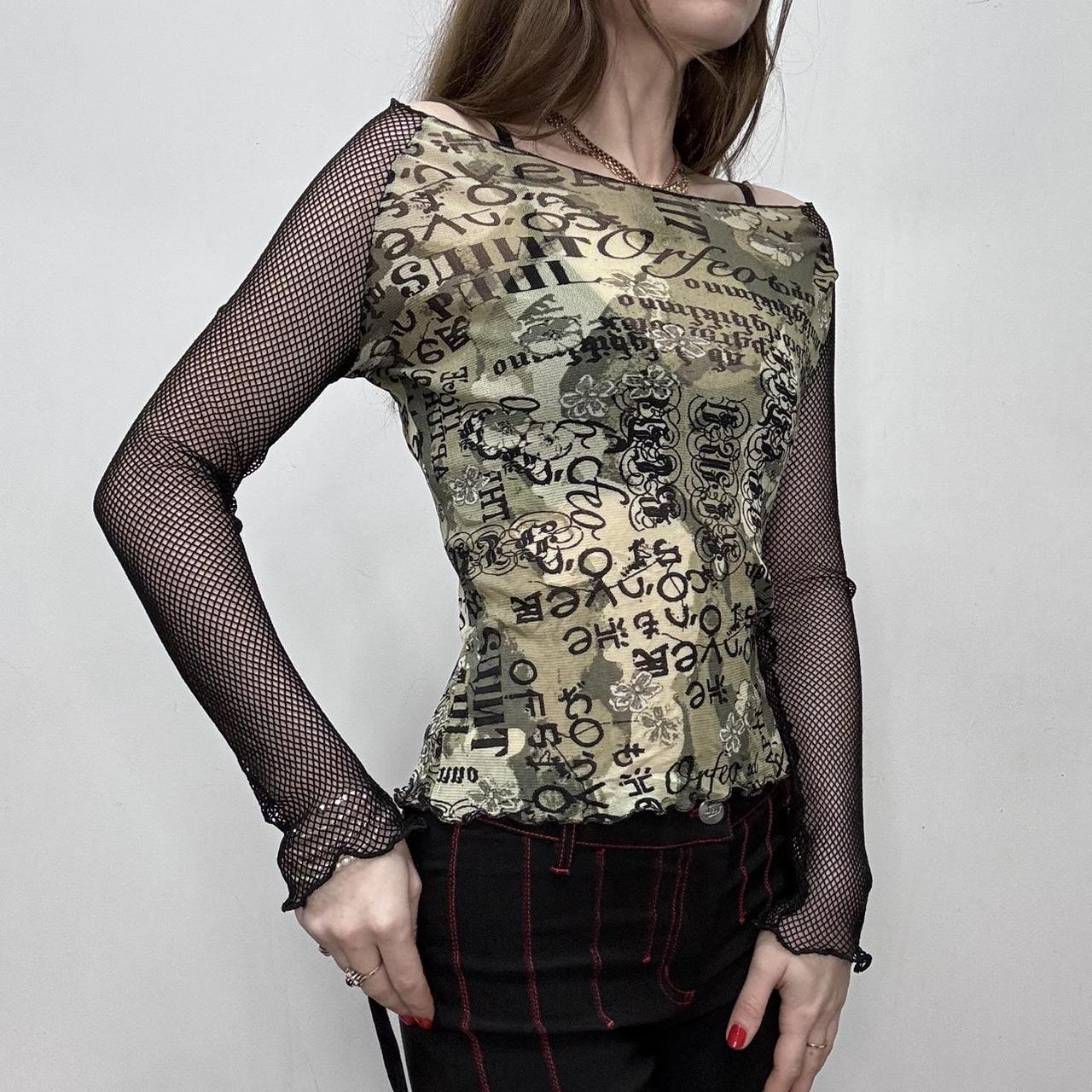 Y2k sheer graphic printed fishnet top