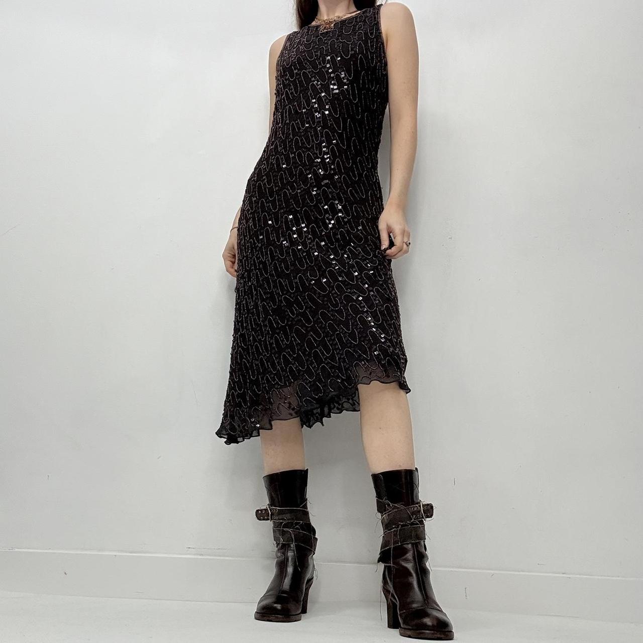 Brown beaded shimmer slash neck dress