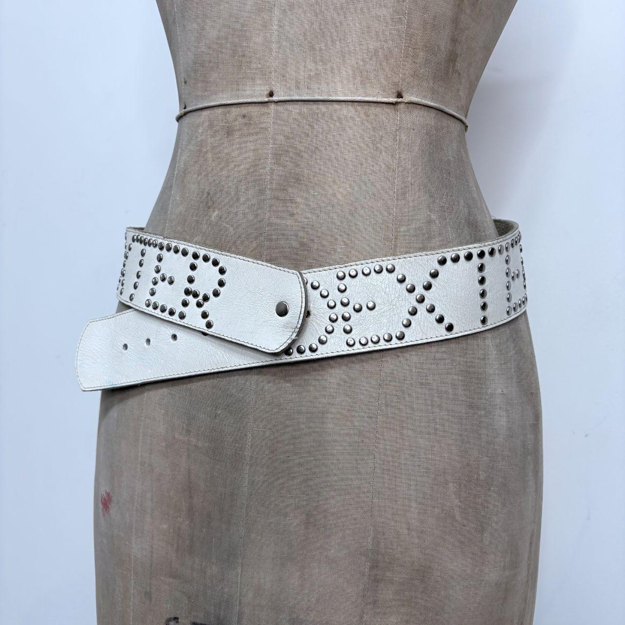 White leather studded spellout belt
