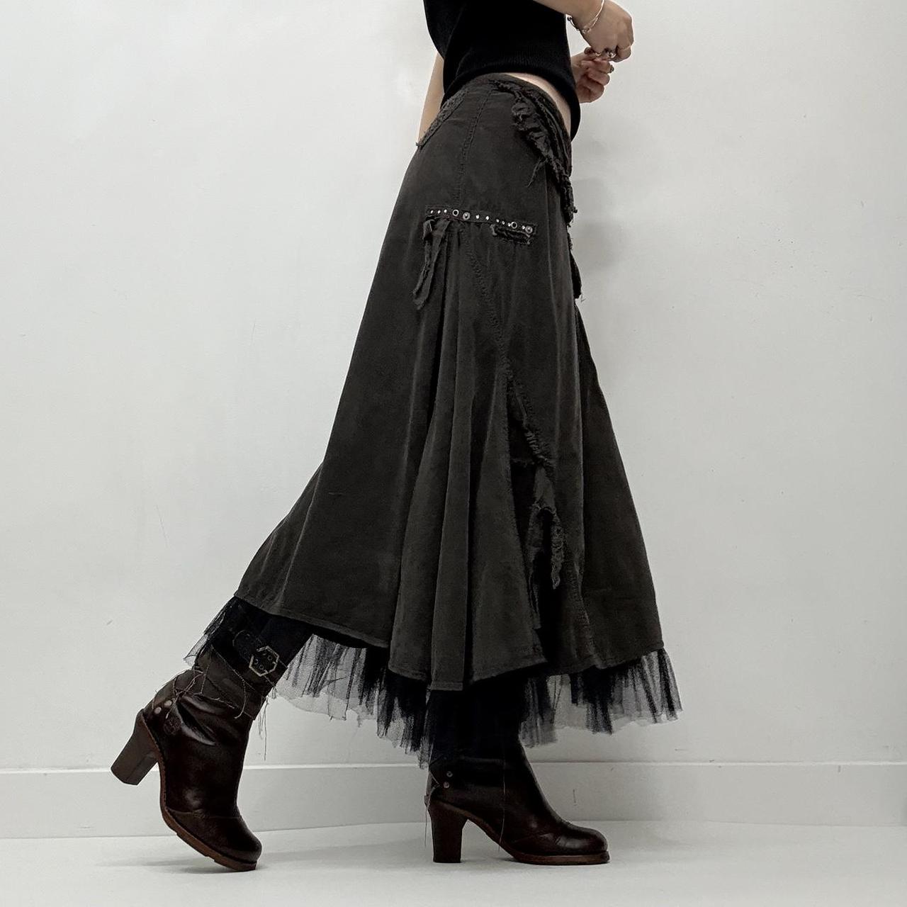 Khaki asyemmetric distressed grunge midi skirt