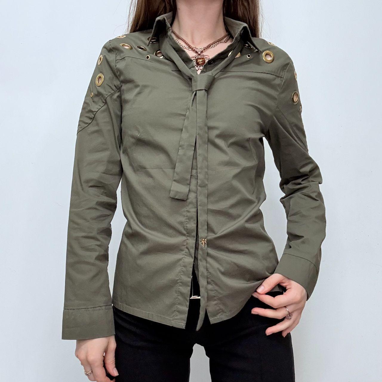 Khaki fitted eyelet cut out shirt