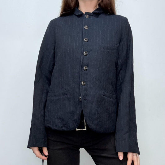 Navy pinstripe flared high neck jacket