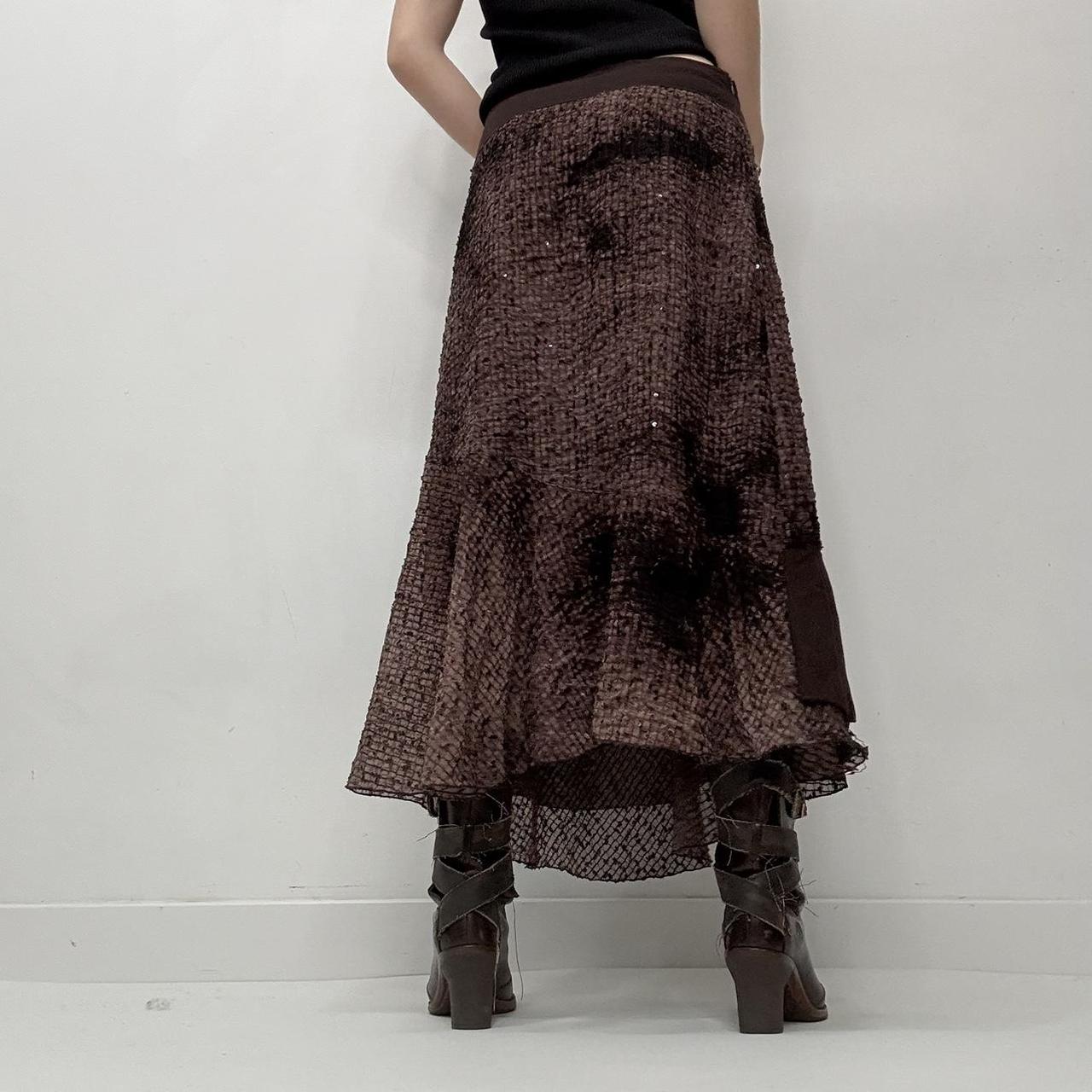 Brown distressed textured layered maxi skirt