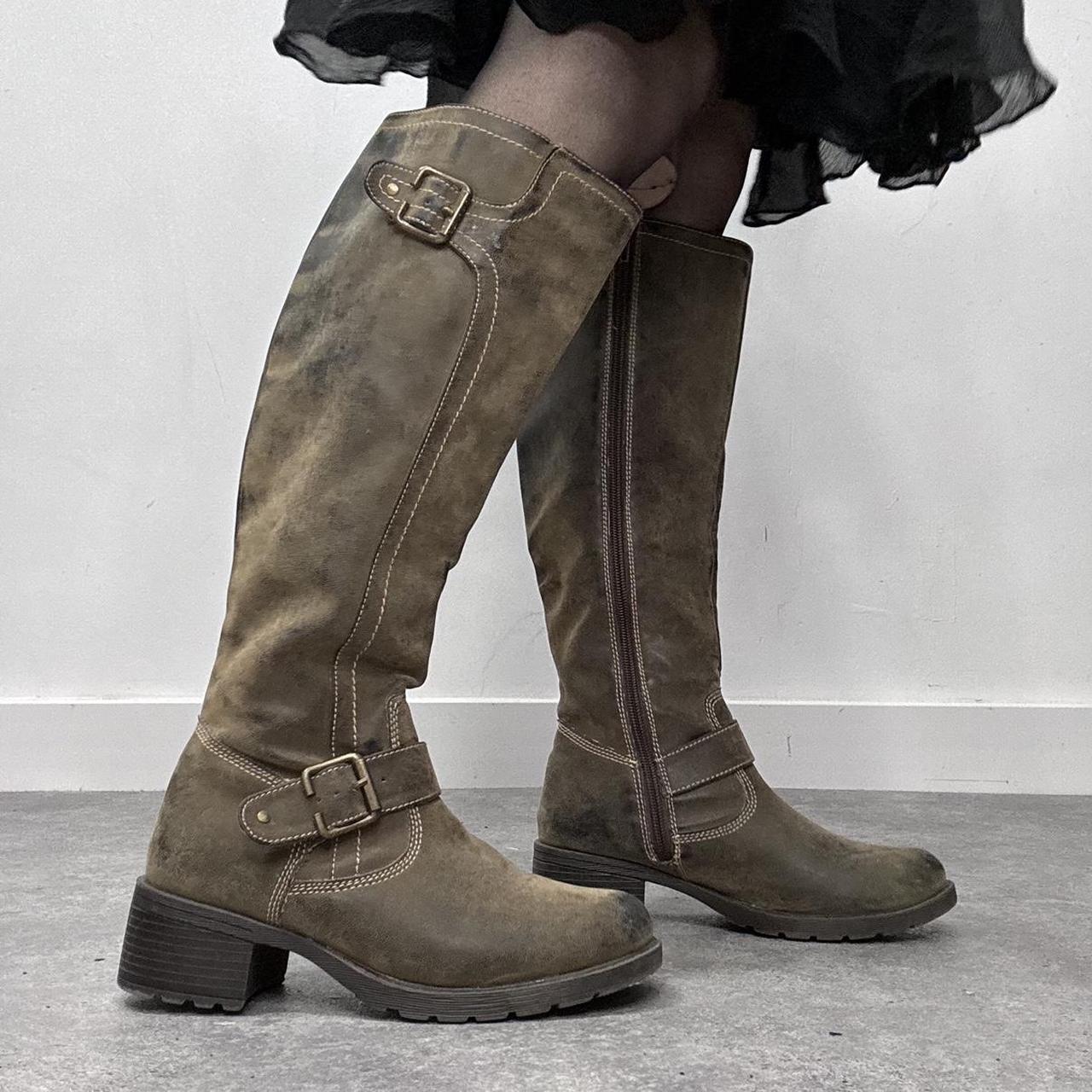 Distressed khaki leather knee high boots