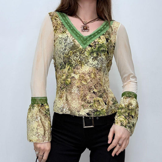 Khaki flared lace boho shirt