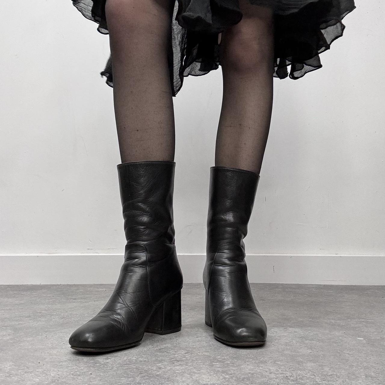 Black leather square heel boots