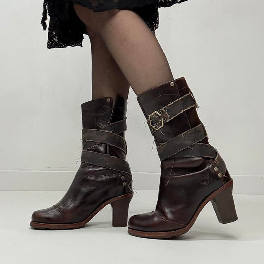Brown leather distressed wrap grunge boots