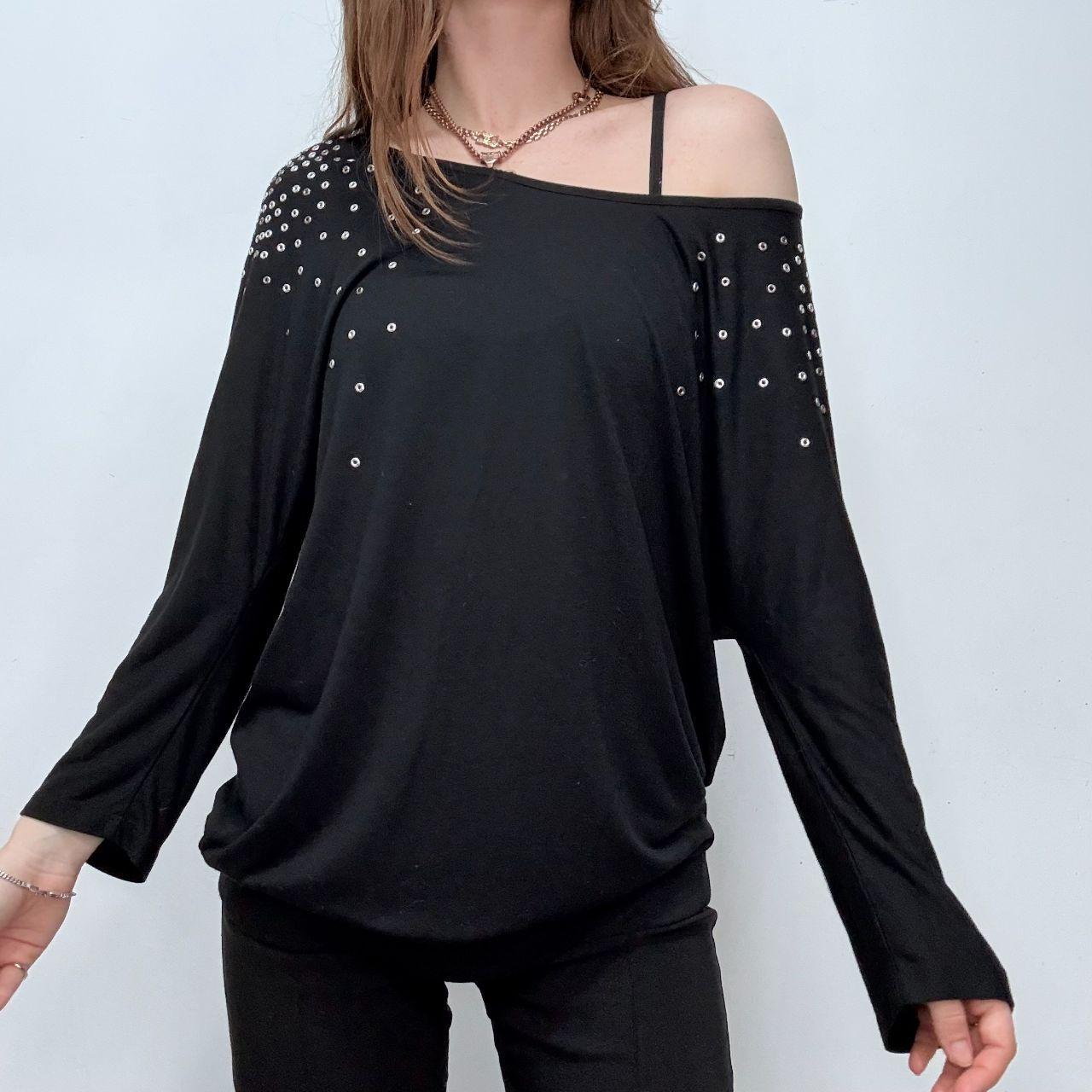 Black slouchy studded eyelet top