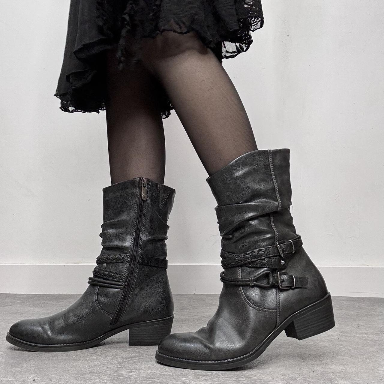 Black leather buckle biker boots