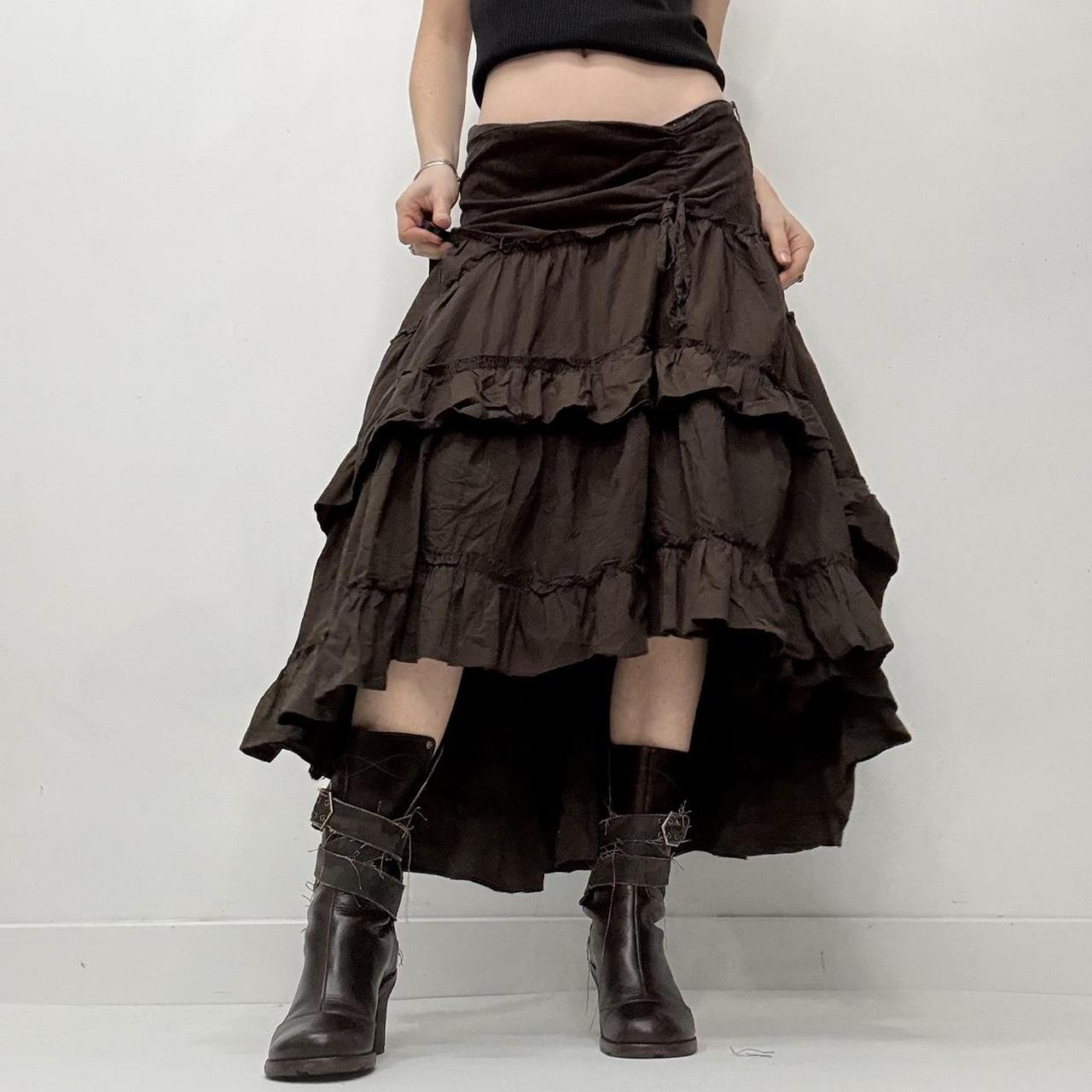 Brown tiered asymmetric maxi skirt
