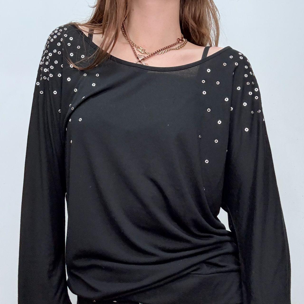 Black slouchy studded eyelet top