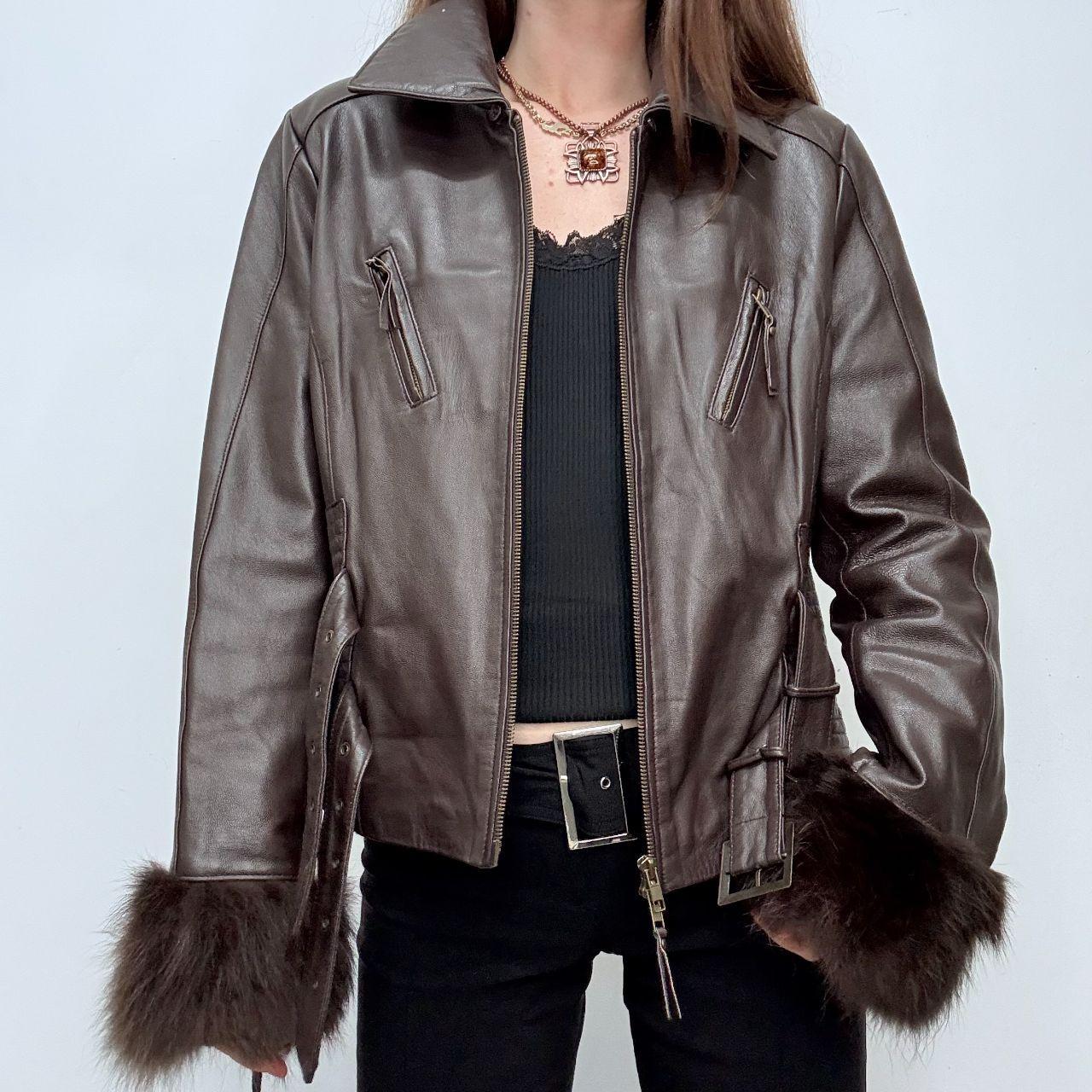 Brown leather flared buckle jacket