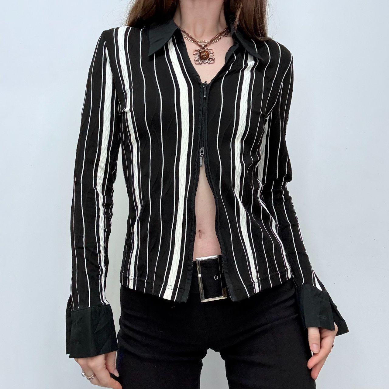 Black pinstripe fitted zip shirt