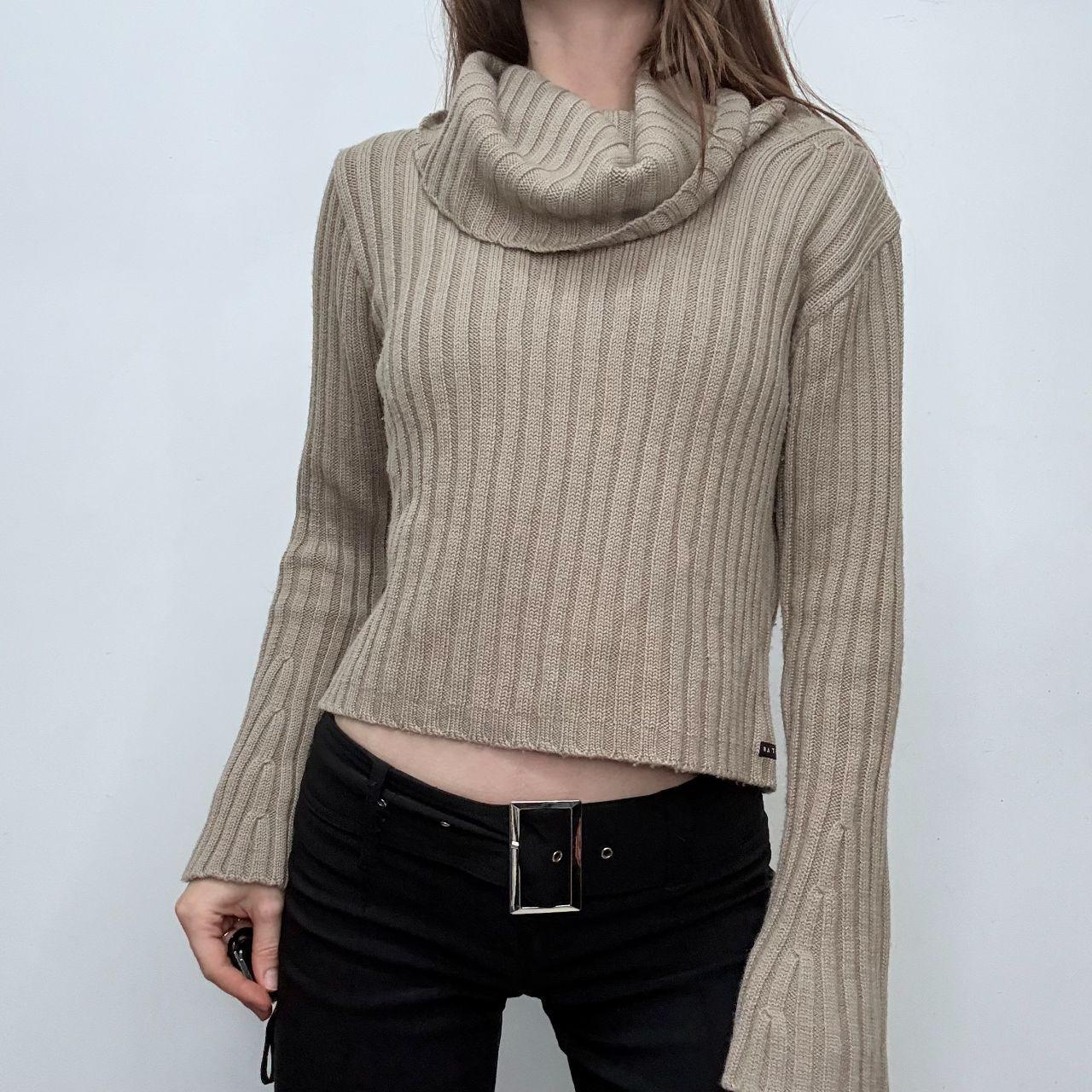 Tan ribbed flared fold-over neck jumper