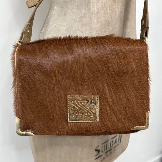 Tan pony hair cow hide cross body bag