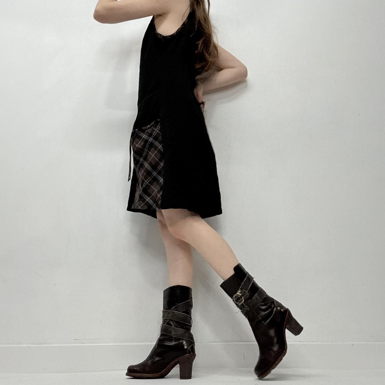 Black tartan puff mini dress