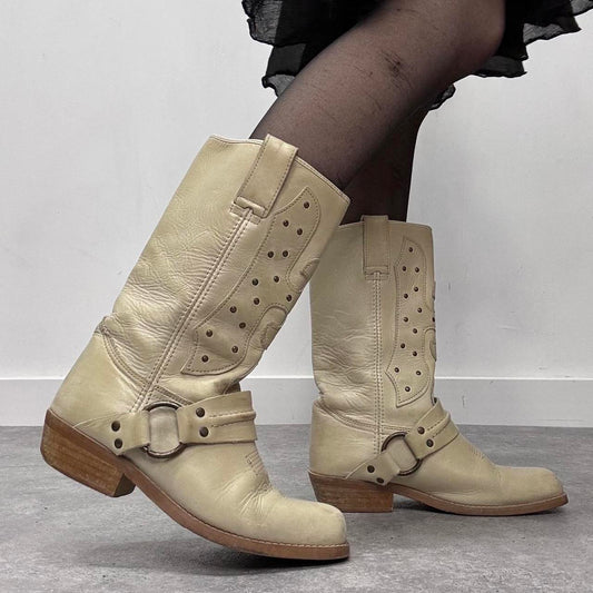 Cream leather chunky cowboy boots