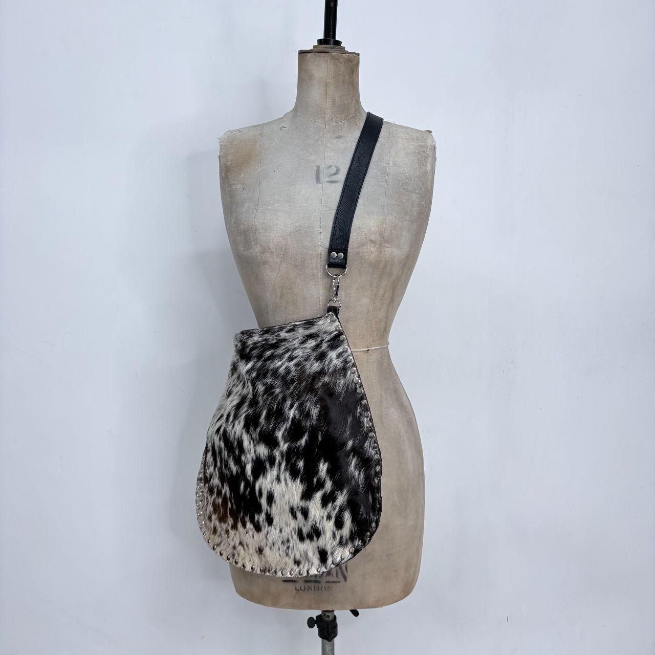 Pony hide studded cow shoulder bag