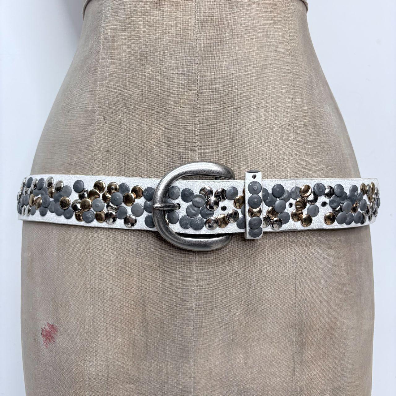 White leather studded metal belt