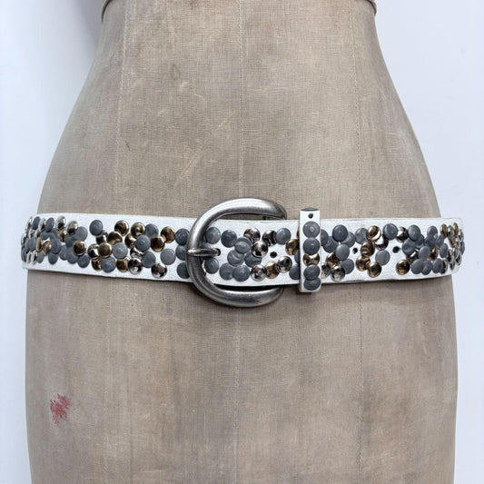 White leather studded metal belt