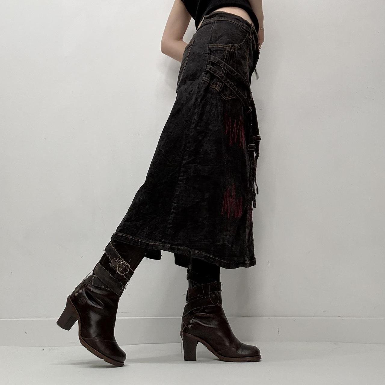 Distressed denim grunge midi skirt