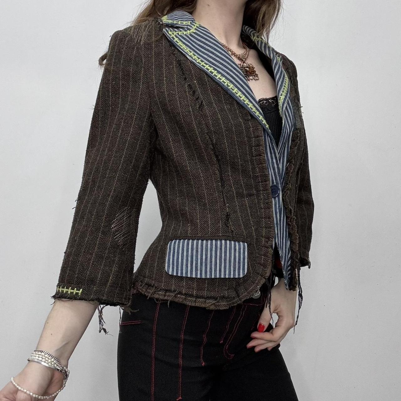 Brown pinstripe distressed layered jacket